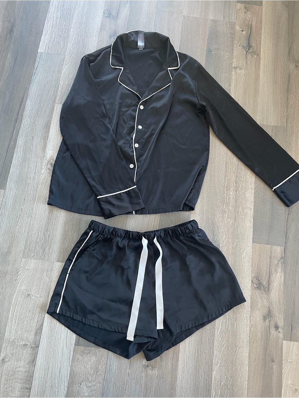 Black Satin Women's Pajama Set with White Piping New Size S